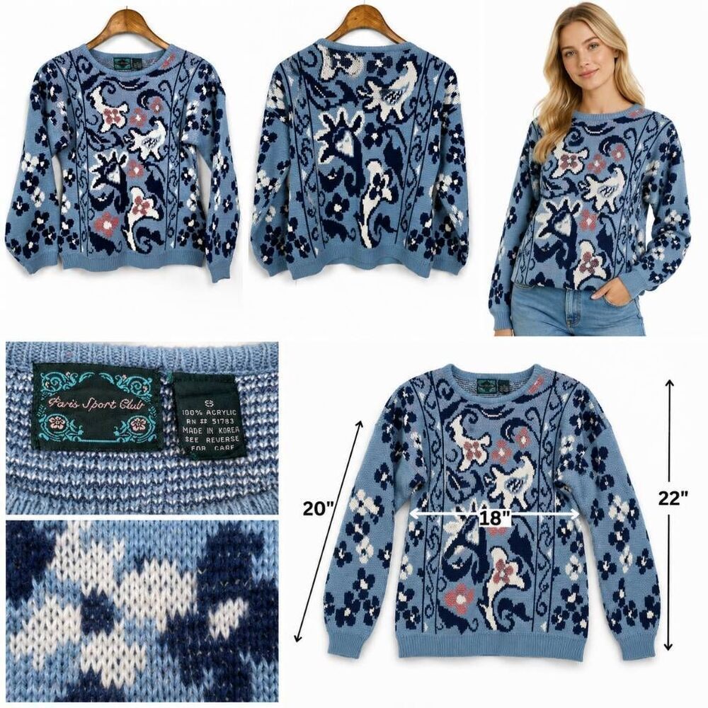 Vintage Paris Sport Club Floral Knit Sweater Blue S